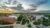 A drone view from the air of the campus green at sunset